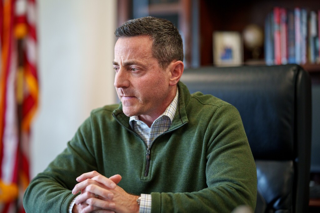 (Trent Nelson | The Salt Lake Tribune) Riverton Mayor Trent Staggs at his office on Friday, March 14, 2025. Staggs issued a proclamation on Tuesday to honor conservative political commentator Charlie Kirk, who was killed last week at Utah Valley University.
