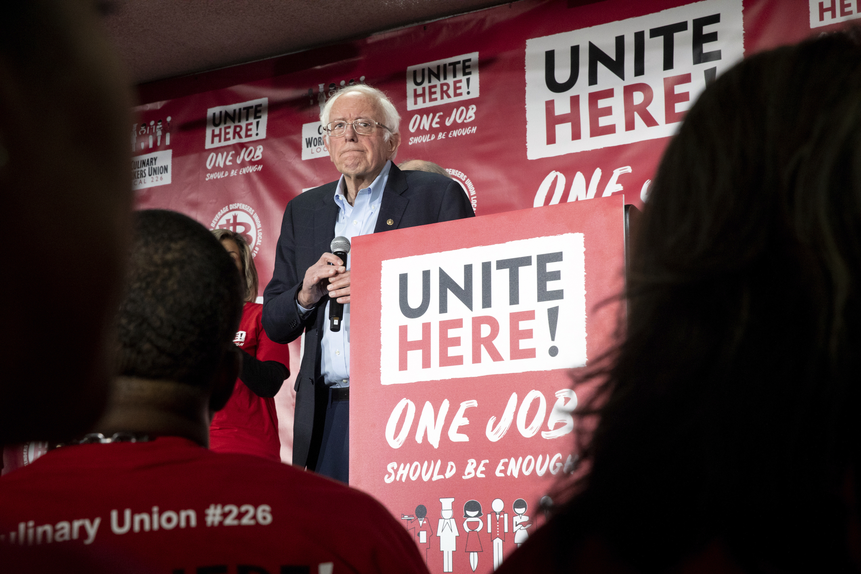 (Krystal Ramirez | Las Vegas Sun via AP)
Democratic presidential candidate Sen. Bernie Sanders, I-Vt., reacts during a town hall meeting at the Culinary Workers Union Local 226 hosted by UNITE HERE, Tuesday, Dec. 10, 2019, in Las Vegas. Sanders, appearing before several hundred union workers in Las Vegas, explained his Medicare for All plan, which would switch the country to a government-run system and eliminate private health insurance.