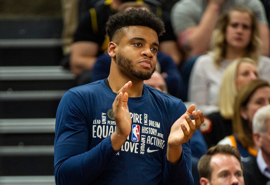 (Rick Egan  |  The Salt Lake Tribune)     Utah Jazz forward Juwan Morgan (16) cheers from the bench, in NBA action between the Utah Jazz and the Portland Trail Blazers in Salt Lake City, Friday, Feb. 7, 2020.