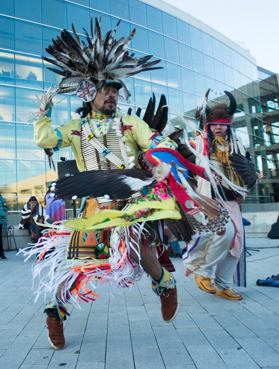 (Rick Egan  |  The Salt Lake Tribune)  Carl Moore, performs a dance, during the Indigenous Peoples Day celebration, hosted by the Utah League of Native American Voters and PANDOS (Peaceful Advocates for Native Dialogue and Organizing Support) at the Salt Lake City Library, Monday, October 9, 2017.