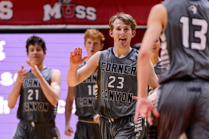 (Trent Nelson | The Salt Lake Tribune)  Box Elder vs. Corner Canyon, 5A State high school basketball tournament at the Huntsman Center in Salt Lake City, Wednesday Feb. 28, 2018. Corner Canyon's Blake Emery (23) celebrates a 13-point lead at the end of the first half.