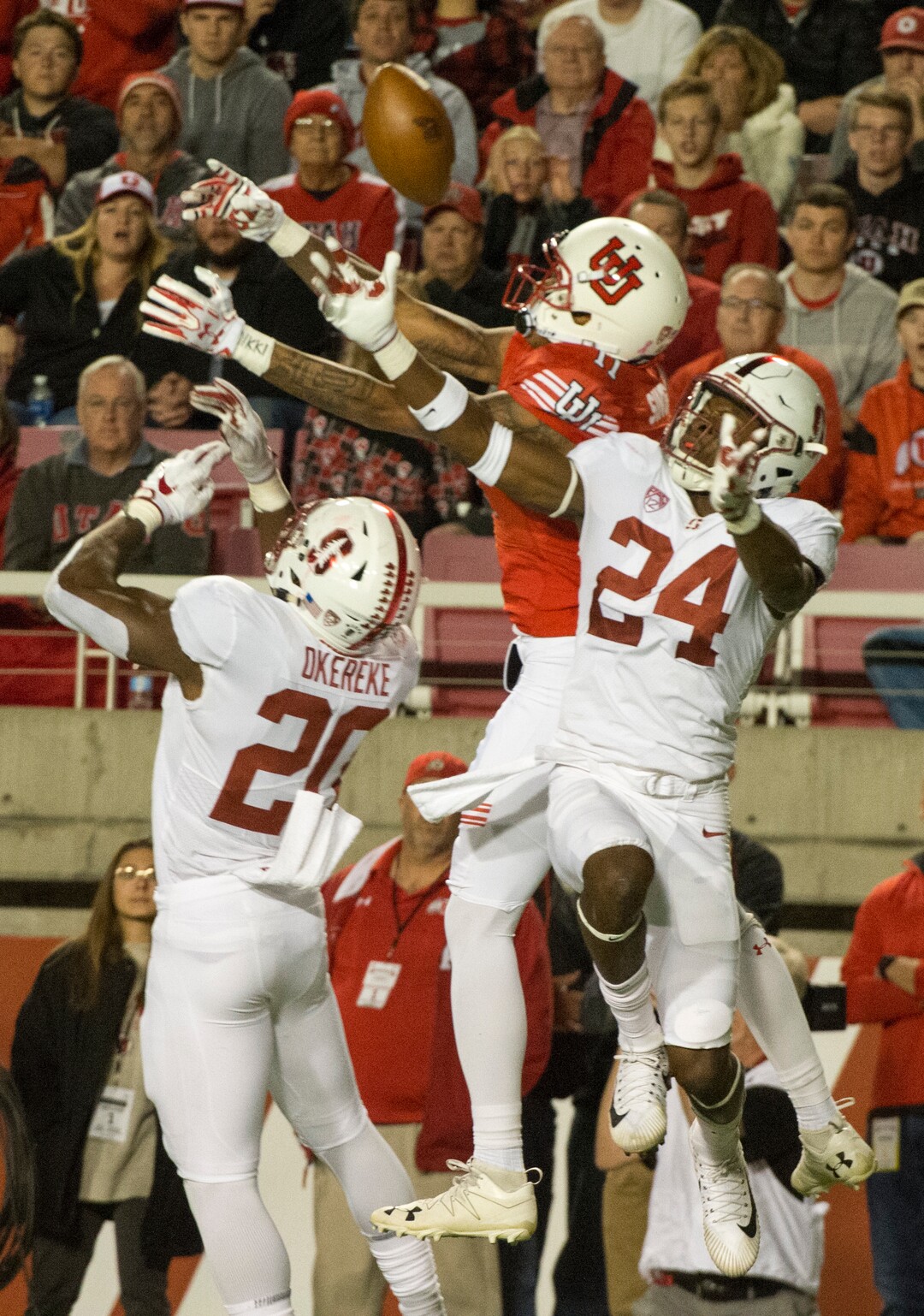 (Rick Egan  |  The Salt Lake Tribune) Stanford Cardinal cornerback Quenton Meeks (24) intercepts a pass intended for Utah Utes wide receiver Raelon Singleton (11), in PAC-12 football action, at Rice-Eccles Stadium, Saturday, October 7, 2017.