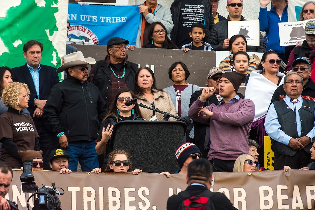 (Chris Detrick  |  The Salt Lake Tribune)  Navajo Nation Attorney General Ethel Branch speaks during a rally at the Utah State Capitol Saturday, December 2, 2017.  Utah Highway Patrol estimated 5,000 people attended the rally. 