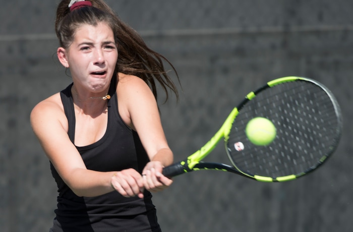 (Rick Egan  |  The Salt Lake Tribune) Daniella Aaron, Lone Peak, plays Mackenzie Turley, Davis High, in the 6A High School tennis championship game. Friday, October 6, 2017.


