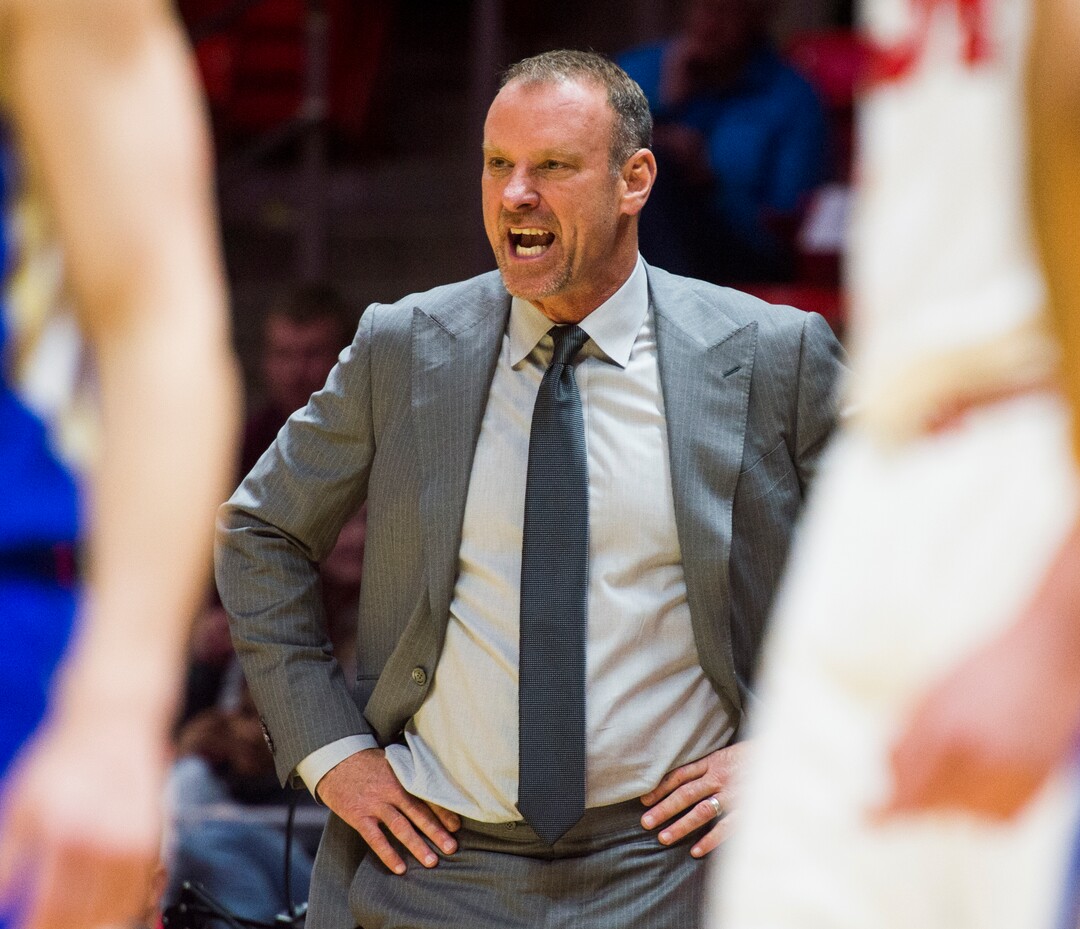 (Rick Egan  |  The Salt Lake Tribune)        Utah Utes head coach Larry Krystkowiak reacts after a call by the official, in basketball action between, Utah Utes and Tulsa Golden Hurricane, at the Jon M. Huntsman Center, Saturday, Dec. 1, 2018.