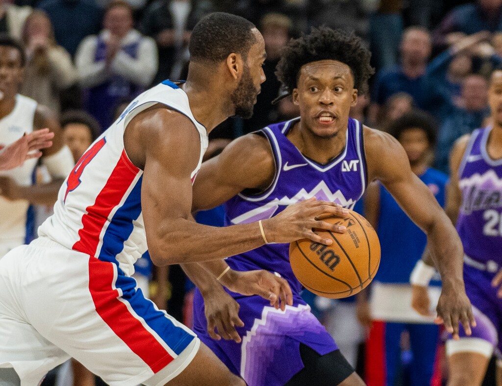(Rick Egan | The Salt Lake Tribune)  Detroit Pistons guard Alec Burks (14) dribbles downcourt to shoot a 3-point shot to send the game into overtime, as Utah Jazz guard Collin Sexton (2) defends, in NBA action between the Detroit Pistons and the Utah Jazz, at the Delta Center, on Wednesday, January 3, 2024.