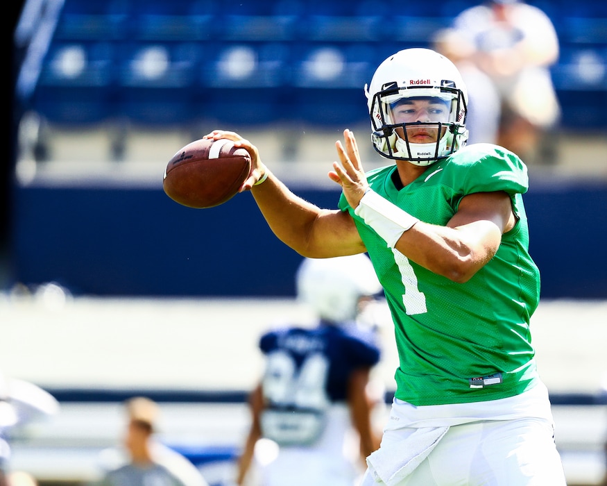(Photo courtesy of Jaren Wilkey, BYU photo) BYU quarterback Jaren Hall, shown here warming up before a scrimmage on Aug. 15, 2018, will also play baseball for the Cougars this spring.