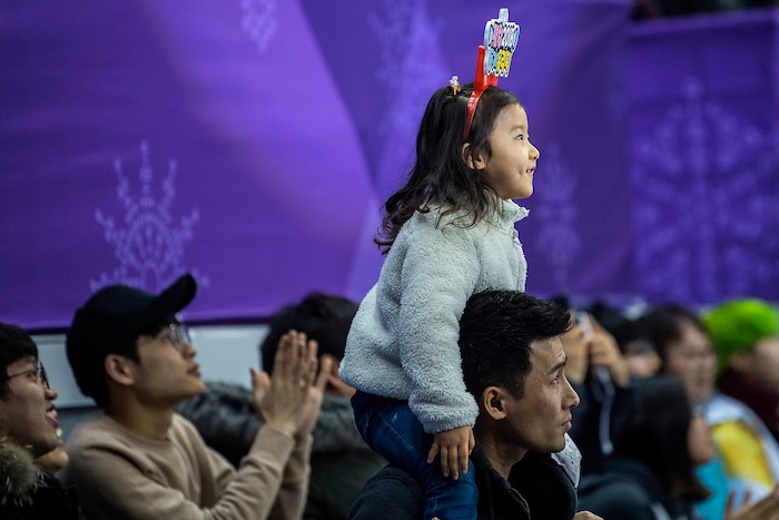 (Chris Detrick  |  The Salt Lake Tribune)  Spectators watch the Men's 500m Short Track Speed Skating at Gangneung Ice Arena Pyeongchang 2018 Winter Olympics Tuesday, Feb. 20, 2018. 