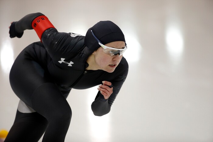 Jerica Tandiman competes in the women's 500 meters during the U.S. Olympic long track speedskating trials, Friday, Jan. 5, 2018, in Milwaukee. (AP Photo/John Locher)