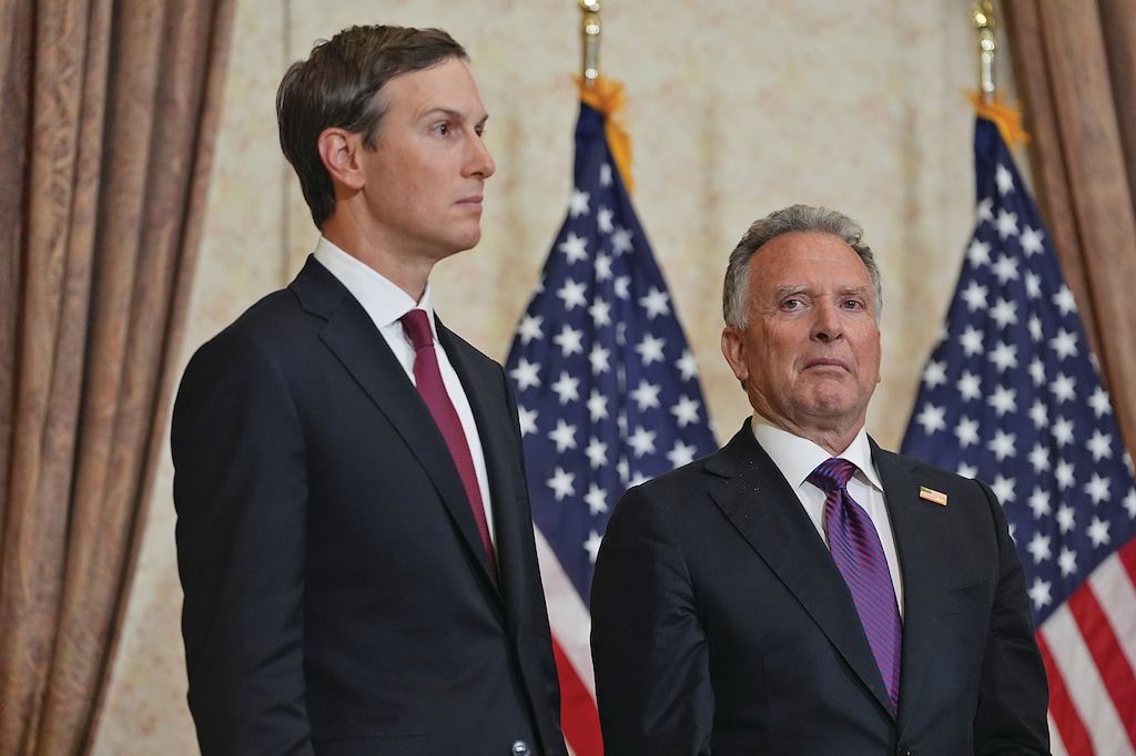 Jared Kushner, left, and Steve Witkoff, Special Envoy for Peace Missions listen as Vice President JD Vance speaks during a news conference after meeting with representatives from Pakistan and Iran, Sunday, April 12, 2026, in Islamabad, Pakistan. (AP Photo/Jacquelyn Martin, Pool)