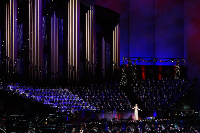 (Francisco Kjolseth  |  The Salt Lake Tribune)  The Mormon Tabernacle Choir Christmas extravaganza kicks off with Broadway star Sutton Foster and "Downton Abbey's" Hugh Bonneville at the Conference Center on Thursday, Dec. 14, 2017.