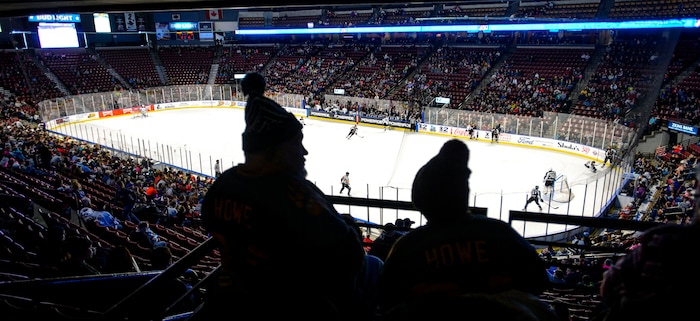 (Steve Griffin  |  The Salt Lake Tribune) The Utah Grizzlies battle the Idaho Steelheads at the Maverik Center in West Valley City Monday Feb. 19, 2018.