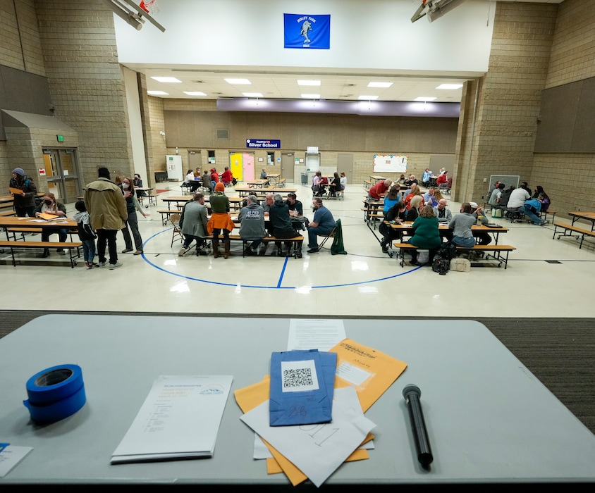 (Leah Hogsten | The Salt Lake Tribune)  About 75 people from precincts in Salt Lake City, South Salt Lake and Millcreek attended the Democratic Party's neighborhood Caucus Night at Nibley Park School on March 22, 2022. 
