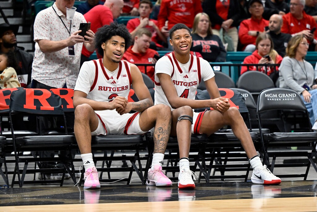 (David Becker | AP) Rutgers guards Dylan Harper, left, and Ace Bailey sit court side before the second half of an NCAA college basketball game against Alabama Wednesday, Nov. 27, 2024, in Las Vegas.