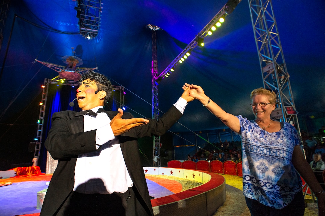(Rick Egan  |  The Salt Lake Tribune)  Rinaldo, dances with Cathy Austin, from Taylorsville, during the Big Top Circus Spectacular, at the Utah State Fair, Sunday, Sept. 8, 2019.