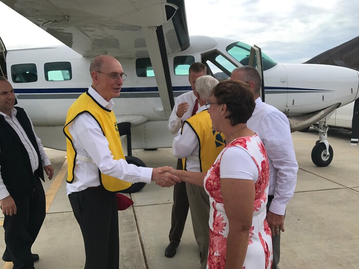 (Courtesy of The LDS Church)  President Henry B. Eyring flew into San Juan, Puerto Rico, September 15, 2017, to meet with and comfort Latter-day Saints and survey the damage caused by Hurricane Irma last week.