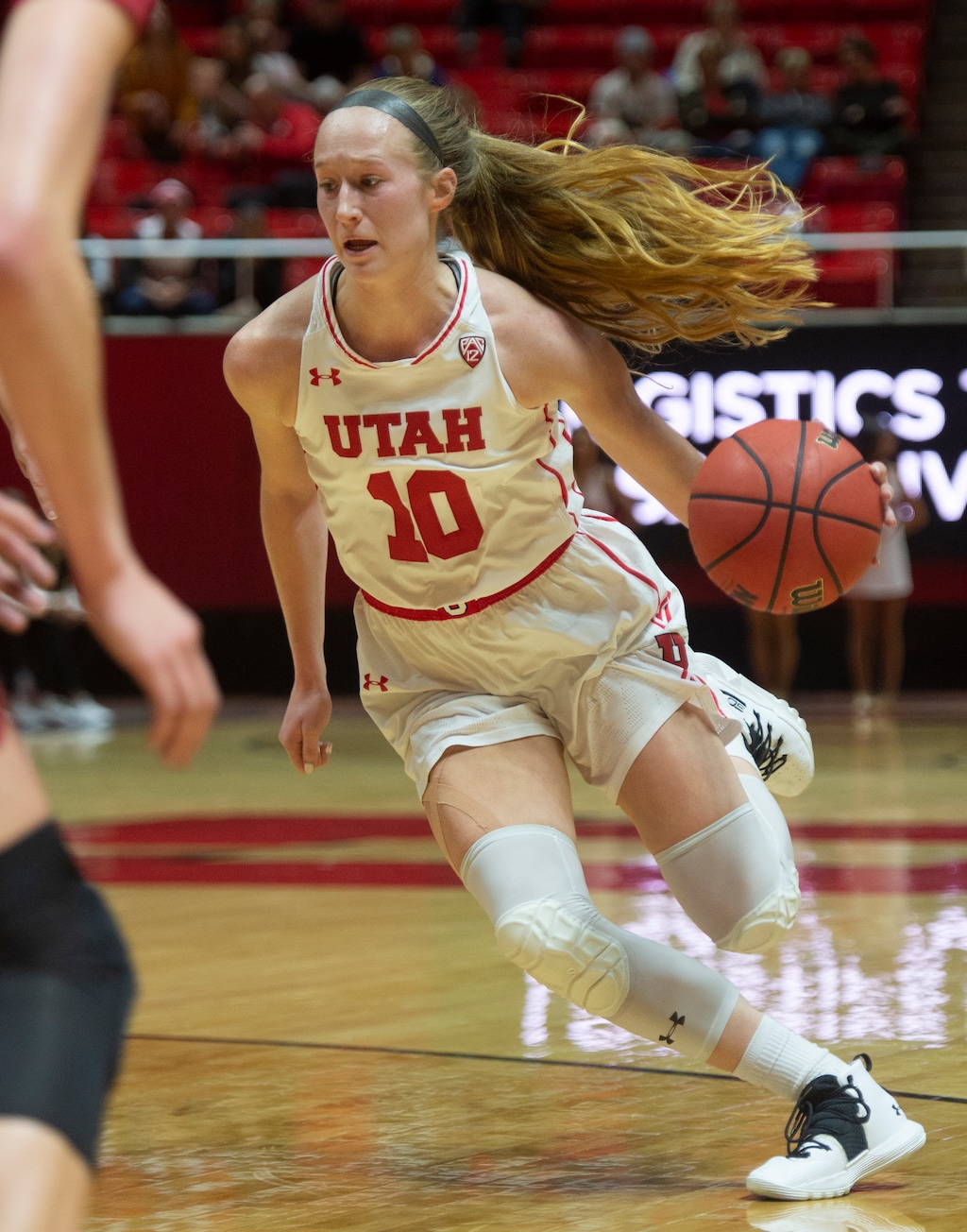 (Rick Egan  |  The Salt Lake Tribune)     Utah Utes guard Dru Gylten (10) takes the ball down the middle, in PAC-12 action between the Utah Utes and the Stanford Cardinals at the Jon M. Huntsman Center. Sunday, Jan. 27, 2019.