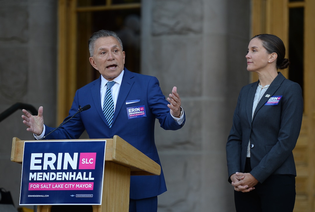 (Francisco Kjolseth  |  The Salt Lake Tribune)  Salt Lake City Councilwoman Erin Mendenhall announces an endorsement from former opponent David Ibarra as they gather on the West steps of the Salt Lake City and County Building on Thursday, Oct. 3, 2019.