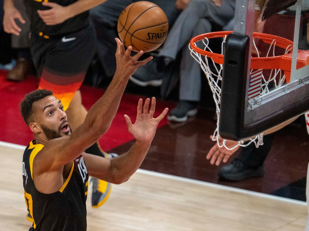(Rick Egan | The Salt Lake Tribune) Utah Jazz center Rudy Gobert (27) goes in for a lay-up), in second round playoff actin in game 2 between the Utah Jazz and the LA Clippers, at Vivint Arena, on Thursday, June 10, 2021.