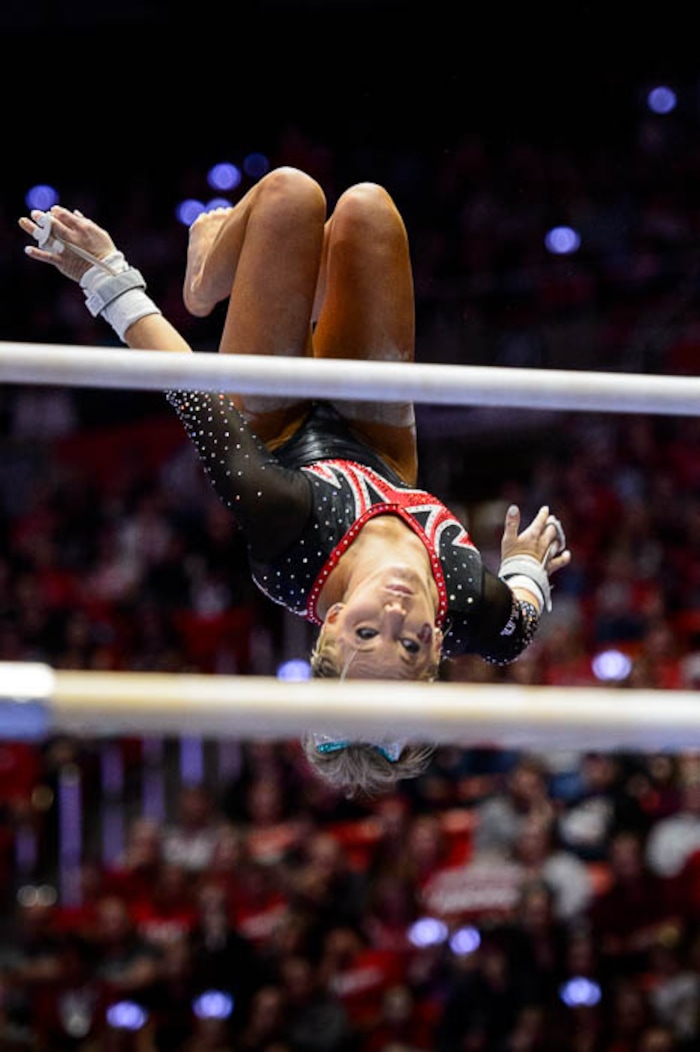 (Trent Nelson | The Salt Lake Tribune)  MyKayla Skinner  on bars as Utah hosts Washington, NCAA gymnastics in Salt Lake City, Saturday February 3, 2018.