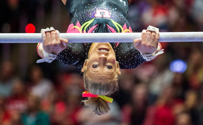 (Rick Egan  |  The Salt Lake Tribune)  MaKenna Merrell-Giles competes on the uneven bars, in PAC-12 Gymnastics action between the Utes and The California Golden Bears, in the Jon M. Huntsman Center, in Salt Lake City, Saturday, Feb. 9, 2019. Merrell-Giles won the All-round for the Utes.