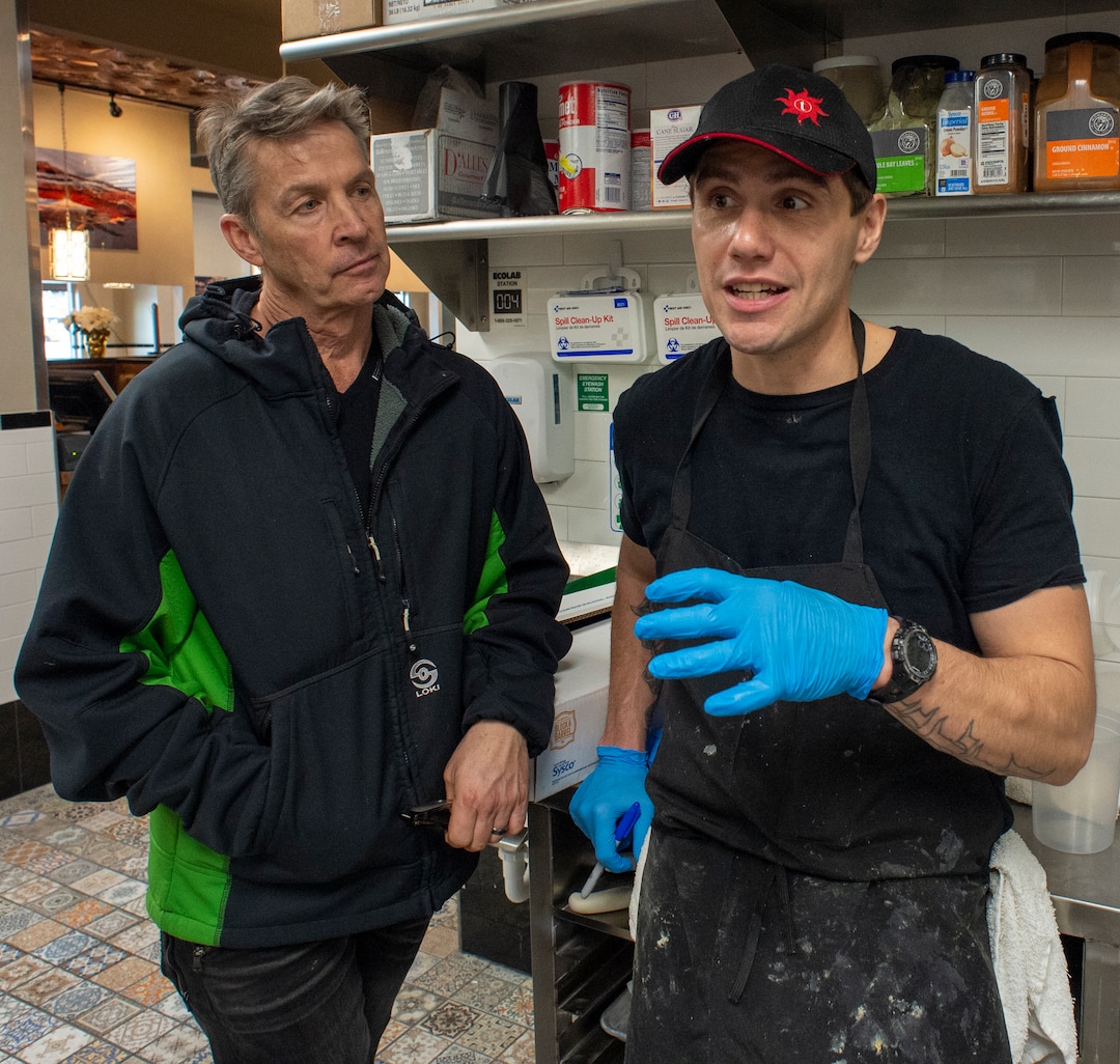 (Rick Egan  |  The Salt Lake Tribune)   Friday, Dec. 28, 2018.  Jim Leany, left, owner of Tru Religion Pancake House and employee Jacob Seline, talk about the restaurant's  "second chances" program that provides employment opportunities and tuition assistance.
