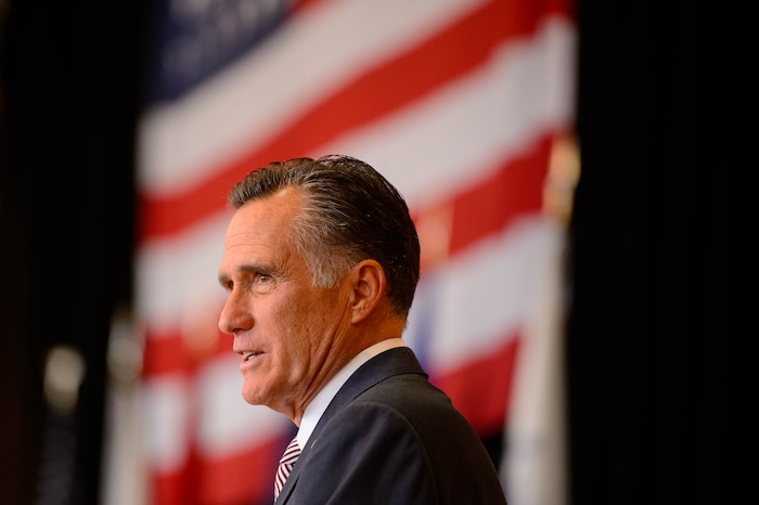 (Trent Nelson | The Salt Lake Tribune)
U.S. Senator Mitt Romney, R-Utah, speaks at the Veterans Day Commemoration at the University of Utah in Salt Lake City on Monday, Nov. 11, 2019.