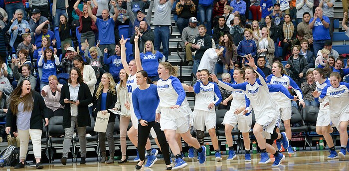 (Leah Hogsten  |  The Salt Lake Tribune) Fremont celebrates the overtime win.  Fremont defeated Westlake 54-50 in their semifinal game of the 6A High School Girls' Basketball Tournament at SLCC in Taylorsville, Friday, Feb. 23, 2018. 
