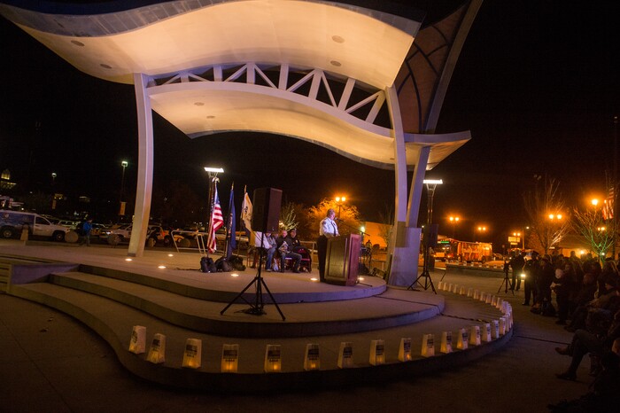 (Rick Egan  |  The Salt Lake Tribune)  West Valley City intern Police Chief, Colleen Nolan says a few words in remembrance of  West Valley City Officer Cody Brotherson, during a memorial ceremony at Fairbourne Station Plaza in West Valley City. Cody Brotherson, was killed in the line of duty one year ago today.  Monday, November 6, 2017.