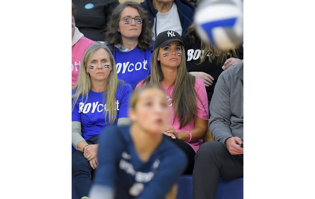 (Eli Lucero | Herald Journal) Rep. Katy Hall, R-South Ogden, left, and Rep. Kera Birkeland, R-Morgan, attend the Nevada-Utah State volleyball match in support of women athletes Tuesday, Oct. 29, 2024, in Logan.
