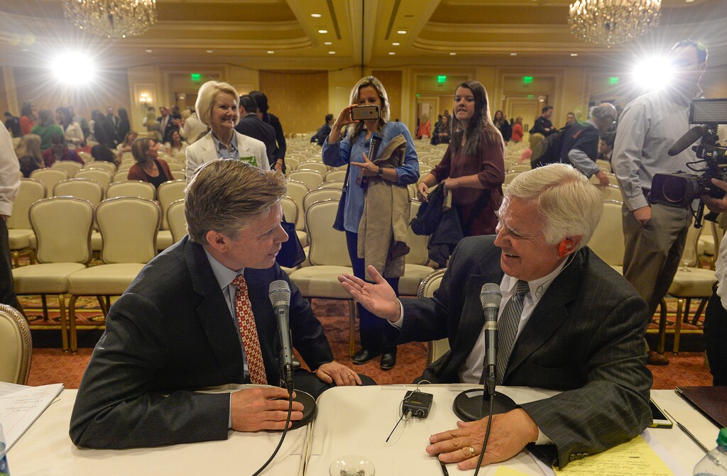 Francisco Kjolseth | The Salt Lake Tribune
Republican gubernatorial candidate Jonathan Johnson, left, is interviewed by radio host Doug Wright after finishing his debate with Governor Gary Herbert at the Little America Hotel in Salt Lake City on Monday, April 11, 2016.