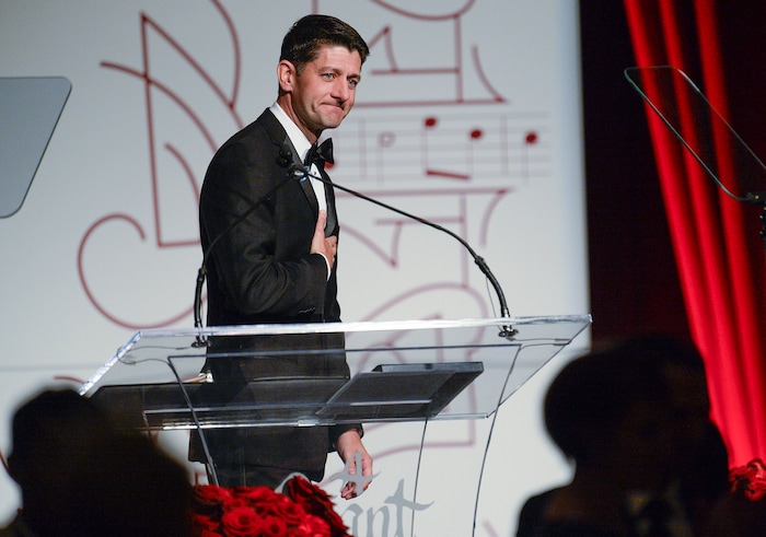 Leah Hogsten | The Salt Lake Tribune U. S. House Speaker Paul Ryan looks to Utah Senator Orrin G. Hatch in appreciation after delivering the keynote address during a ceremony honoring Senator Hatch, Saturday, June 9, 2018, at the Grand America Hotel in Salt Lake City. The Salt Lake Chamber awarded Sen. Hatch with the 39th Giant in Our City, for his exceptional and distinguished service and extraordinary professional achievement throughout his political career.