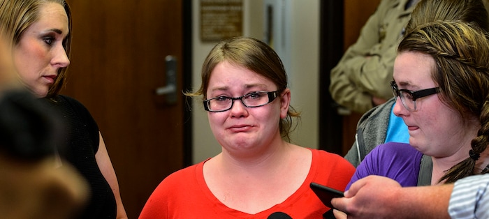(Steve Griffin  |  The Salt Lake Tribune)  Nikka Powell weeps as she talks with the media after initial trial for Jerrod William Baum, who was formally charged Tuesday with killing Powell's brother, 18-year-old Riley Powell and his girlfriend 17-year-old Brelynne ÒBreezyÓ Otteson, and dumping their bodies into an abandoned mine shaft, following initial trial for Baum in ProvoÕs 4th District Court in Provo Tuesday April 3, 2018.