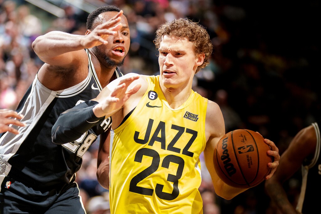 (Trent Nelson | The Salt Lake Tribune) Utah Jazz forward Lauri Markkanen (23) as the Utah Jazz host the San Antonio Spurs, NBA basketball in Salt Lake City on Tuesday, Feb. 28, 2023.