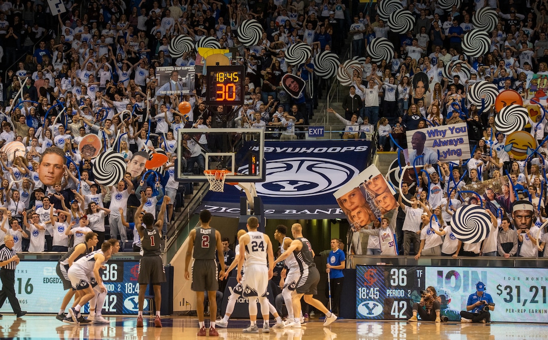 (Rick Egan  |  The Salt Lake Tribune)       BYU fans try to distract Santa Clara Broncos guard Trey Wertz (1) as he shoots a free throw, in basketball action between Brigham Young Cougars and Santa Clara Broncos at the Marriott Center in Provo, Saturday, Jan. 12, 2019.