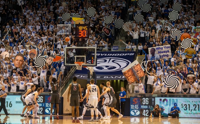 (Rick Egan  |  The Salt Lake Tribune)       BYU fans try to distract Santa Clara Broncos guard Trey Wertz (1) as he shoots a free throw, in basketball action between Brigham Young Cougars and Santa Clara Broncos at the Marriott Center in Provo, Saturday, Jan. 12, 2019.


