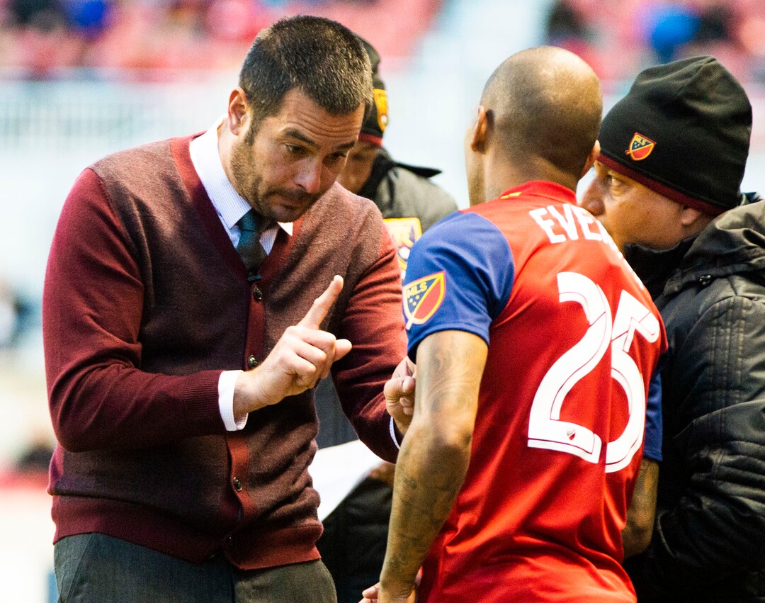 (Rick Egan  |  The Salt Lake Tribune).  Real Salt Lake head coach Mike Petke talks to Real Salt Lake midfielder Everton Luiz (25) before sending him into the game, in MLS soccer action between Real Salt Lake and Atlanta United at Rio Tinto Stadium in Sandy, Friday, May 24, 2019.