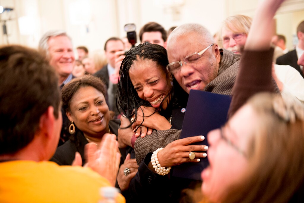Jeremy Harmon  |  The Salt Lake TribuneMia Love gets a hug from her father after she beat opponent Doug Owens in the race for Utah's 4th Congressional District, Tuesday November 4, 2014.