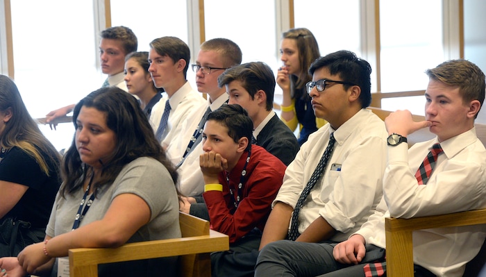 (Al Hartmann | The Salt Lake Tribune)
High School students serving as members of a jury listen to proceedings in a mock trial in Judge David Nuffer's federal courtroom in Salt Lake City Wednesday Aug.22. It's part of a Civics, Law and Leadership Camp. The camp, a pilot project of Brigham Young University’s J. Reuben Clark Law School and the Federal Bar Association, is designed to prepare youths for civic leadership and service.