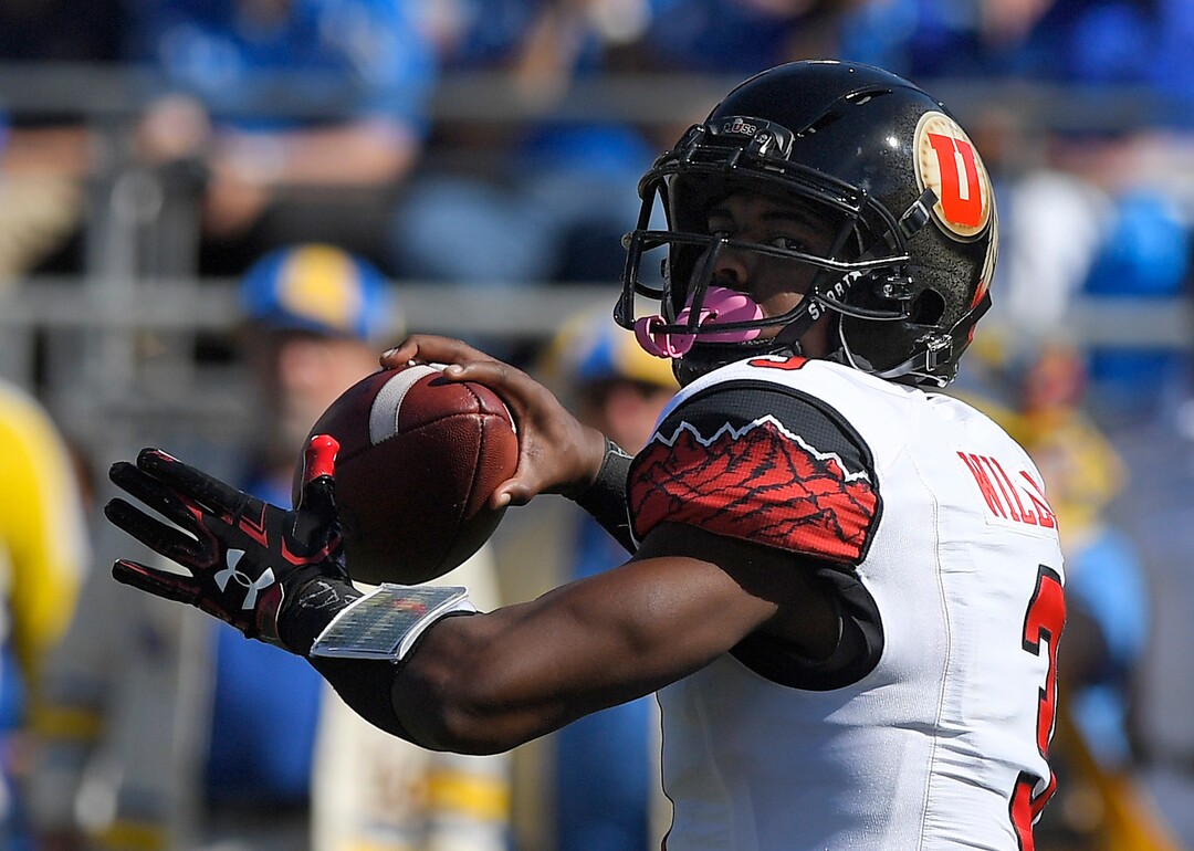 Utah quarterback Troy Williams passes during the first half of an NCAA college football game against UCLA, Saturday, Oct. 22, 2016, in Pasadena, Calif. (AP Photo/Mark J. Terrill)