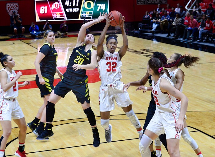 Scott Sommerdorf | The Salt Lake TribuneUtah Utes forward Tanaeya Boclair (32) snatches down a rebound during second half play. Oregon defeated Utah 84-68, Sunday, January 28, 2018.