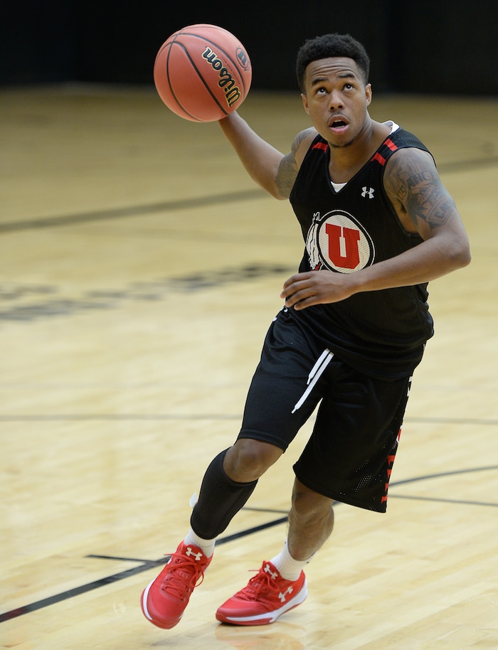 (Francisco Kjolseth  |  The Salt Lake Tribune)  Justin Bibbins hits the court as the Utah men's basketball program begins fall practices with a fairly new roster of players on Friday, Sept. 29, 2017.