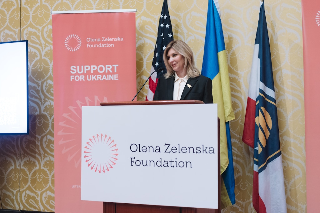 (World Trade Center Utah) Ukraine first lady Olena Zelenska speaks during a session with Utah business leaders at the Grand America Hotel in Salt Lake City, Friday, July, 12, 2024.