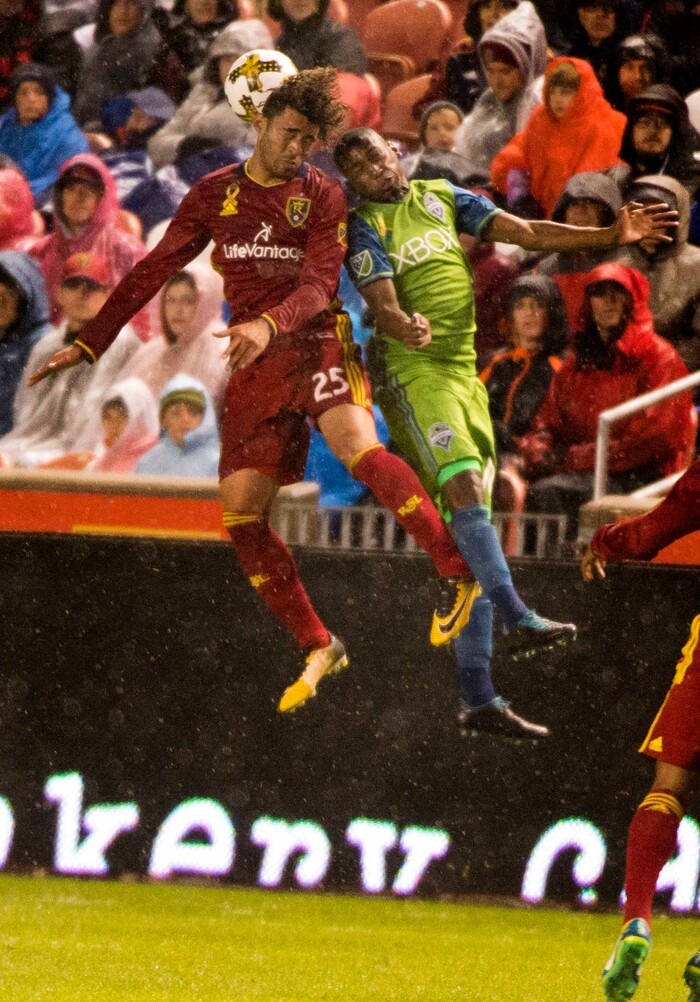 (Rick Egan  |  The Salt Lake Tribune) Real Salt Lake midfielder Danilo Acosta (25) goes for the ball along with Seattle Sounders defender Kelvin Leerdam (18), in MLS soccer action, Real Salt Lake vs Seattle Sounders, in Sandy, Saturday, September 23, 2017.