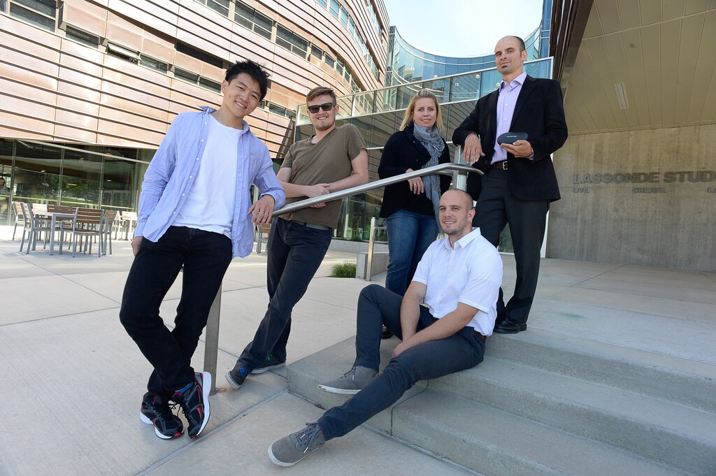 (Francisco Kjolseth | The Salt Lake Tribune) Student startup teams at the University of Utah's Lassonde Entrepreneur Institute were selected for an intense summer entrepreneurship program. Clockwise from left, Aaron Hsu and Kepler Sticka-Jones of Blerp, a platform for sharing soundbites; Darby McDonough with Coffee Pops, a gourmet line of coffee popsicles; Cory Heward with CloviTek, a Wi-Fi transmitter for streaming audio to personal devices; and Josh Webber with The Society, a discount membership card for nightlife hope to see success with their ideas.