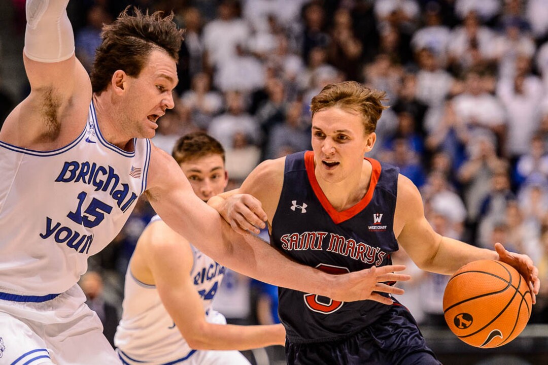 (Trent Nelson | The Salt Lake Tribune)   Brigham Young Cougars forward Payton Dastrup (15) defending St. Mary's Gaels guard Emmett Naar (3) as BYU hosts the St. Mary's Gaels, NCAA basketball in Provo, Saturday December 30, 2017.