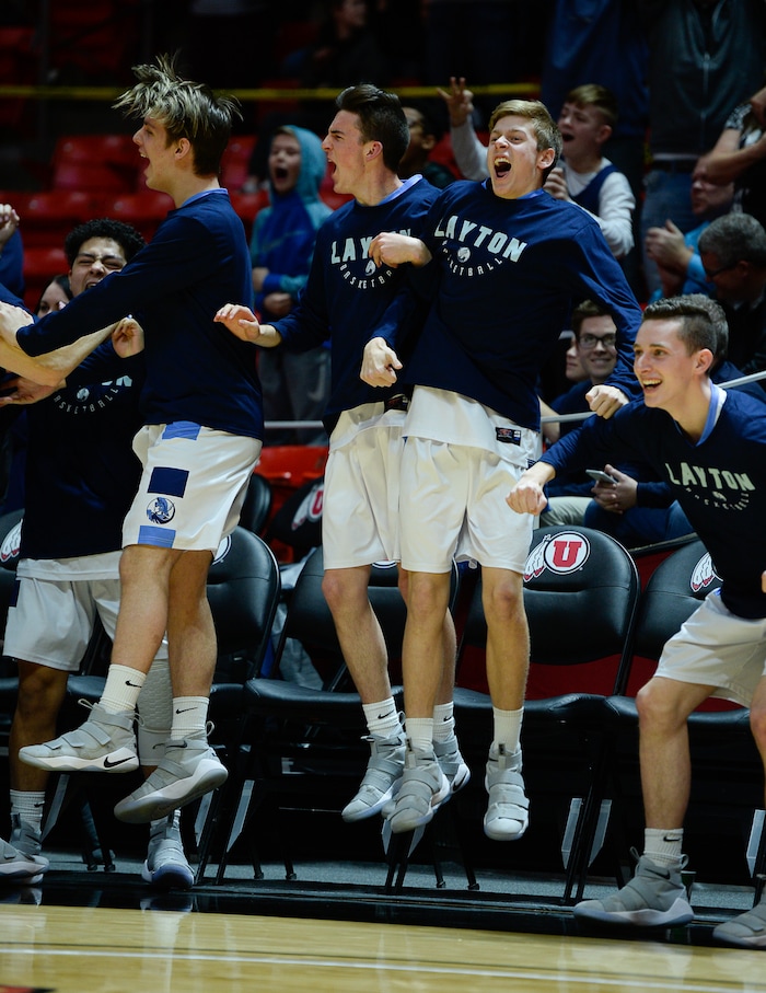 (Francisco Kjolseth  |  The Salt Lake Tribune)  Westlake vs Layton, 6A State high school basketball tournament at the Huntsman Center in Salt Lake City, Thursday March 1, 2018. The Layton bench erupts in the final minutes of their game. 