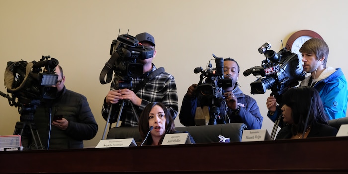 (Francisco Kjolseth  |  The Salt Lake Tribune)  Rep. Angela Romero, D-Salt Lake, center, speaks in opposition to a motion by Rep. Paul Ray, R-Clearfield, to hold HB379 which would end the death penalty. The bill passed the House Law Enforcement and Criminal Justice Standing Committee.
