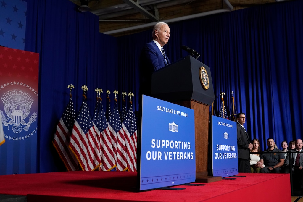 (Alex Brandon | AP) President Joe Biden speaks at the George E. Wahlen Department of Veterans Affairs Medical Center, Thursday, Aug. 10, 2023, in Salt Lake City. Biden is speaking on the one-year anniversary of the PACT Act, which provides new benefits to veterans who were exposed to toxic substances.