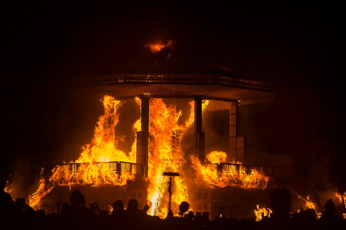 (Rick Egan  |  The Salt Lake Tribune)The man is engulfed in flames in the Black Rock Desert, 100 miles north of Reno, NV, Saturday, September 2, 2017. 